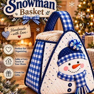 Peut inclure: Un panier matelassé en forme de bonhomme de neige avec un motif vichy bleu et blanc, une applique de visage de bonhomme de neige avec un nez orange, un pompon bleu et une écharpe à franges. Il possède une anse et une doublure intérieure blanche.