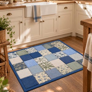 May include: A rectangular area rug featuring a patchwork design of square tiles in various shades of blue, cream, and sage green. The pattern includes solid colors, floral prints, and striped textures, all bordered by a solid dark blue fabric trim.