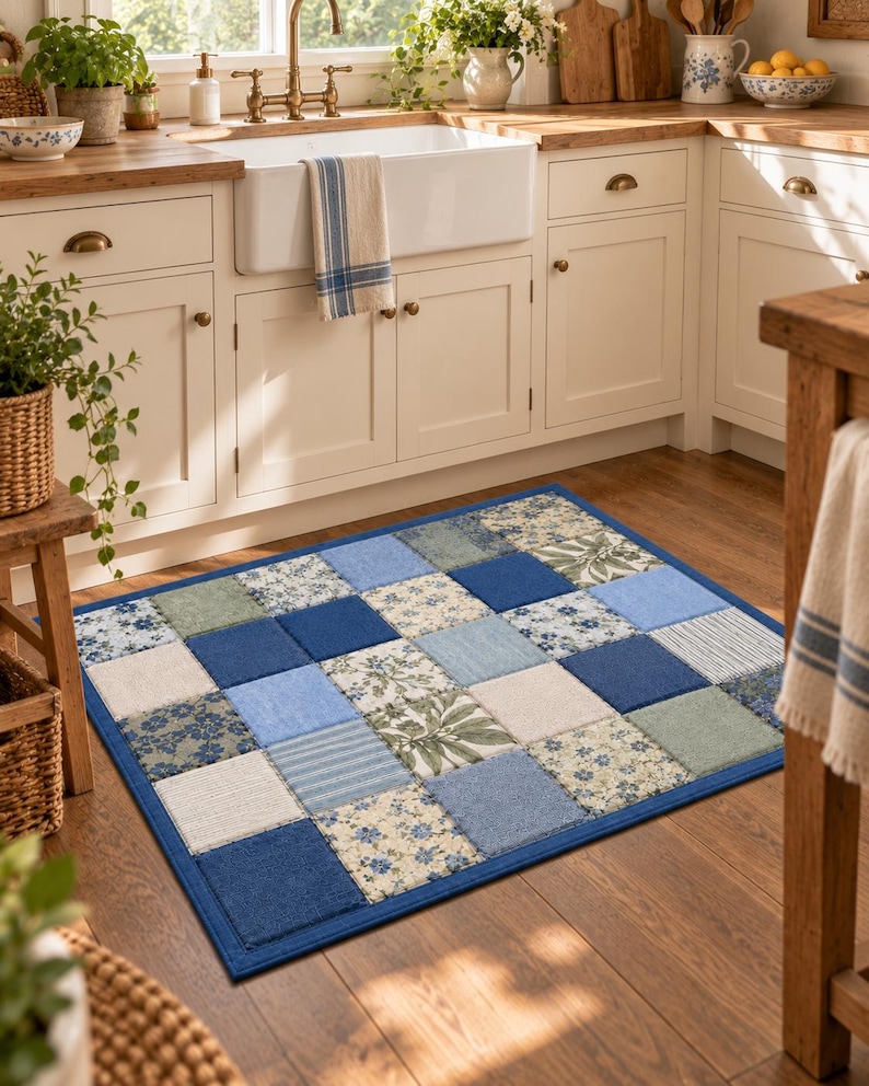 May include: A rectangular area rug featuring a patchwork design of square tiles in various shades of blue, cream, and sage green. The pattern includes solid colors, floral prints, and striped textures, all bordered by a solid dark blue fabric trim.