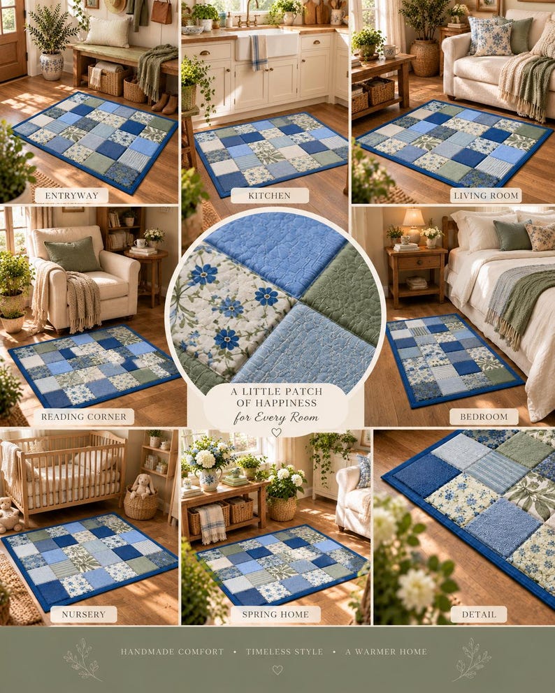 May include: A rectangular area rug featuring a patchwork design of blue, green, and white fabric squares with floral and solid patterns. The rug has a solid blue border and quilted texture. Text on the image reads: A LITTLE PATCH OF HAPPINESS for Every Room.