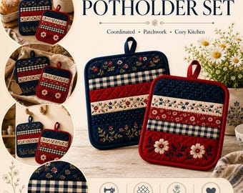 Quilted Pot Holder Pattern | Pot Holder Set PDF | Patchwork Potholder | Floral Quilted Trivet | Farmhouse Kitchen Sewing Pattern