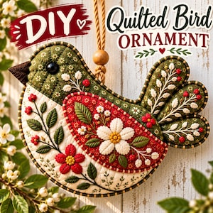 May include: A quilted bird ornament featuring green fabric with white floral patterns, a red wing with white and green embroidered flowers, and a dark brown beak. The text DIY Quilted Bird Ornament is displayed above the hanging fabric bird.
