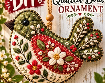 Quilted Bird Ornament Sewing Pattern PDF, Fabric Songbird Decoration, Embroidered Patchwork Bird, Farmhouse Christmas Ornament DIY