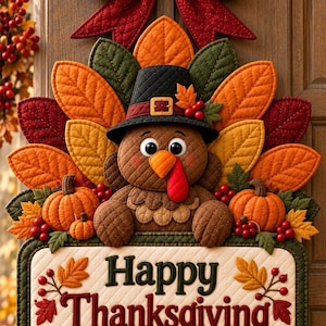 Puede incluir: Un adorno de pared de tela acolchada con un pavo que lleva un sombrero negro, rodeado de hojas naranjas, verdes y rojas y calabazas. Un gran lazo rojo se sitúa en la parte superior. Un cartel rectangular muestra el texto Happy Thanksgiving.