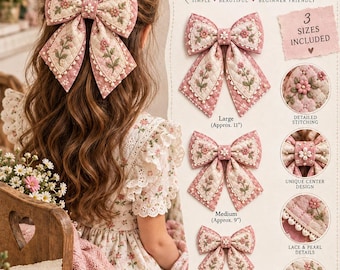 Quilted Pink Floral Hair Bow Pattern | Hair Bow Sewing Pattern PDF | Girls Hair Bow | Cottagecore Bow | Handmade Hair Accessory
