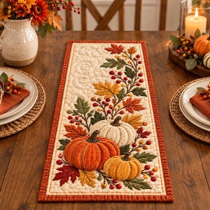 Puede incluir: Un camino de mesa acolchado rectangular con un motivo otoñal bordado de tres calabazas en naranja, blanco y amarillo, rodeadas de follaje detallado, bayas rojas y patrones de costura en espiral, acabado con un borde de color óxido.