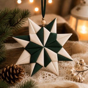 May include: A star-shaped fabric ornament featuring a geometric pattern of alternating dark forest green and cream-colored fabric segments. The ornament is suspended by a dark green ribbon accented with a single small wooden bead at the top.