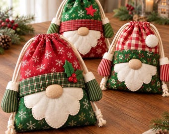 Nähanleitung für einen Weihnachtswichtel-Geschenkbeutel (PDF), gefütterter Beutel mit Kordelzug und Filzbart