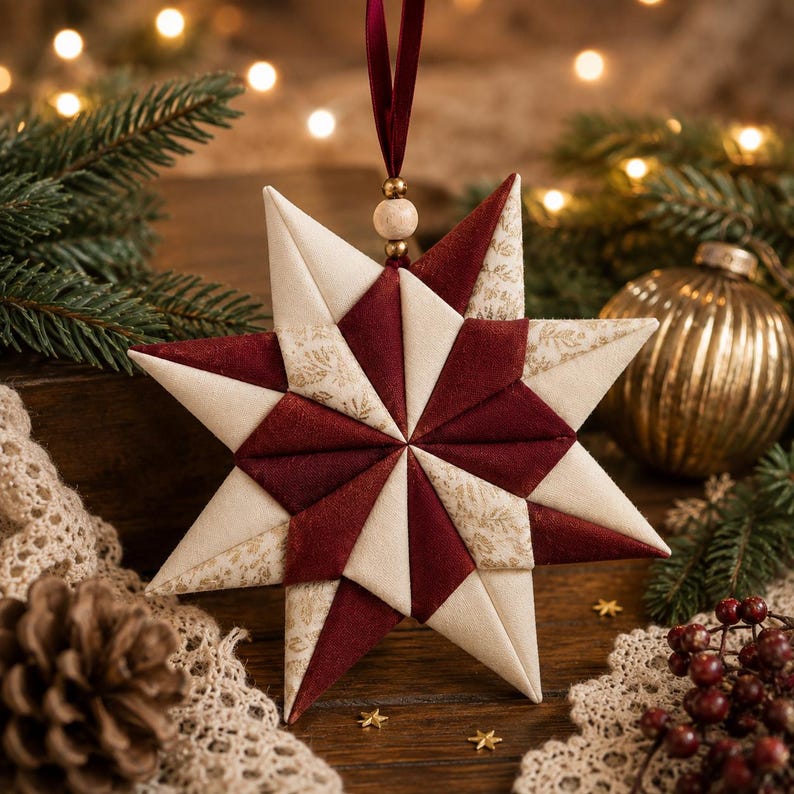 May include: A quilted star-shaped ornament featuring alternating points of solid deep burgundy fabric and cream fabric with a subtle gold botanical print. The ornament hangs from a dark red ribbon with a single wooden bead at the top center.