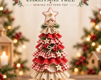 May include: A decorative Christmas tree made of layered fabric ruffles in red, white gingham, and beige burlap. The tree is topped with a fabric star and decorated with small wooden stars, red berries, and green pine sprigs on a wood slice base.