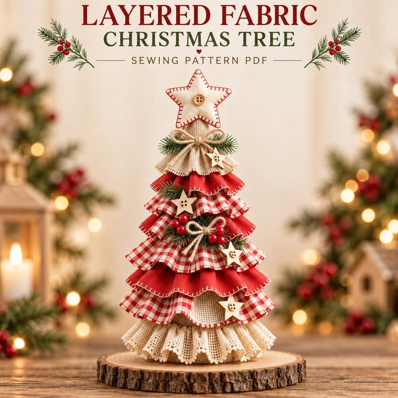 K&ouml;nnte beinhalten: Ein dekorativer Weihnachtsbaum aus geschichteten Stoffr&uuml;schen in Rot, wei&szlig;em Vichy-Karo und beigem Jute-Stoff. Der Baum ist mit einem Stoffstern gekr&ouml;nt und mit kleinen Holzsternen, roten Beeren und gr&uuml;nen Tannenzweigen auf einer Holzscheibe verziert.