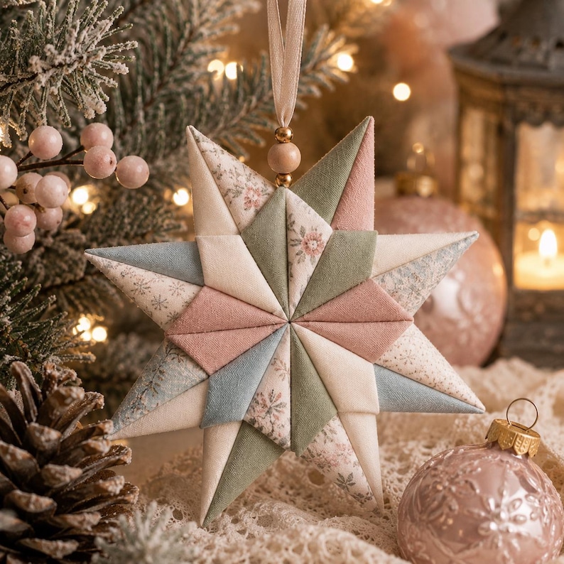 May include: A quilted fabric star ornament featuring a geometric patchwork design in muted shades of sage green, dusty rose, cream, and light blue, accented with small floral and snowflake patterns, suspended by a ribbon with a wooden bead.