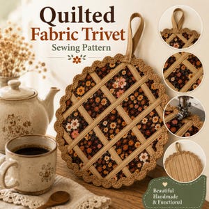 Quilted Fabric Trivet Sewing Pattern PDF, Diamond Lattice Pot Holder Pattern, Woven Trivet Hot Pad PDF, Scalloped Edge Quilted Trivet