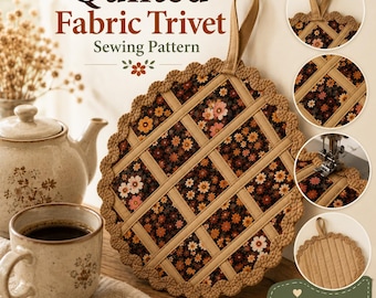 May include: A round quilted fabric trivet featuring a dark brown floral print with orange and pink flowers, accented by a tan lattice overlay and a scalloped tan border. It includes a fabric hanging loop and is shown with sewing details.