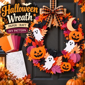 May include: A paper craft Halloween wreath featuring orange, red, and purple paper leaves, white ghosts, orange jack-o'-lanterns, black bats, and a crescent moon. A plaid bow sits at the top. Includes a printed pattern sheet and coloured paper.