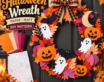 May include: A paper craft Halloween wreath featuring orange, red, and purple paper leaves, white ghosts, orange jack-o'-lanterns, black bats, and a crescent moon. A plaid bow sits at the top. Includes a printed pattern sheet and colored paper.
