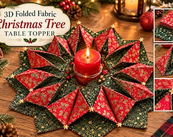 May include: A 3D folded fabric Christmas tree table topper featuring a star-shaped design with alternating red and green patterned sections. The center holds a red pillar candle. Small gold stars are attached to the points of the fabric.