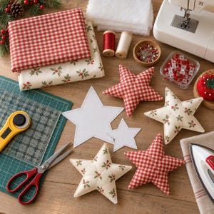 Puede incluir: Un proyecto de costura con estrellas de tela en cuadros rojos y crema con motivos de acebo, plantillas de papel, cortador rotativo, tijeras, máquina de coser, hilos, alfileres, clips, guata y una plancha sobre una superficie de madera.