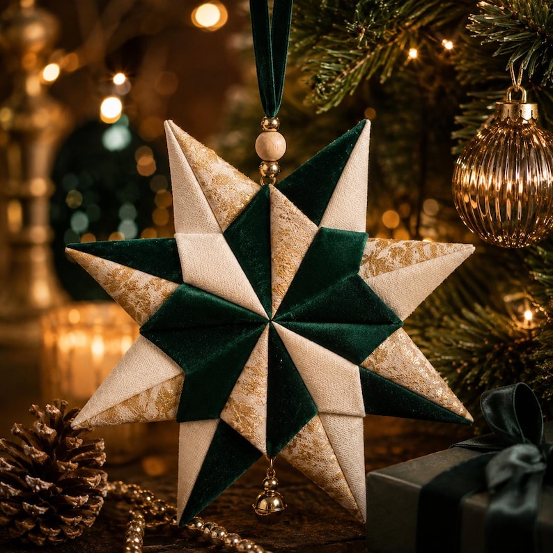 May include: A multi-pointed star ornament constructed from fabric panels in dark green velvet, cream-colored fabric, and gold-patterned fabric. The star features a green velvet ribbon loop at the top with a wooden bead and a small gold bell at the bottom.