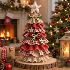 K&ouml;nnte beinhalten: Ein dekorativer Tisch-Weihnachtsbaum aus geschichteten Stoffr&uuml;schen in einfarbigem Rot und rot-wei&szlig;em Vichy-Karo. Der Baum ist mit einem wei&szlig;en Filzstern gekr&ouml;nt und mit h&ouml;lzernen Sternausschnitten, Juteschleifen und roten Beeren verziert.