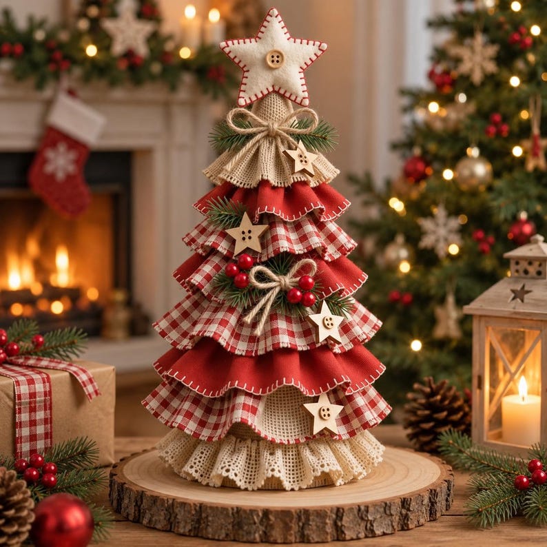 K&ouml;nnte beinhalten: Ein dekorativer Tisch-Weihnachtsbaum aus geschichteten Stoffr&uuml;schen in einfarbigem Rot und rot-wei&szlig;em Vichy-Karo. Der Baum ist mit einem wei&szlig;en Filzstern gekr&ouml;nt und mit h&ouml;lzernen Sternausschnitten, Juteschleifen und roten Beeren verziert.