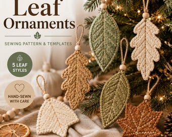 May include: Handmade felt leaf ornaments sewing pattern and templates featuring five distinct leaf styles. The set includes instructions for hand-sewn felt leaves in various shapes and earth tones, complete with twine hanging loops and wooden beads.