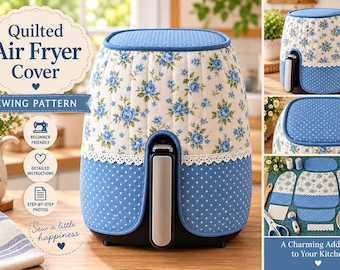 May include: A quilted air fryer cover sewing pattern featuring a blue and white floral print on the top section and a blue fabric with white polka dots on the bottom, separated by a white lace trim. The cover is shown on an air fryer.