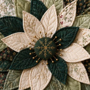 May include: A fabric flower ornament featuring layered, quilted petals in shades of cream, sage green, and dark forest green with floral and berry prints. A dark green circular center is embroidered with a gold snowflake and ringed by gold pins.