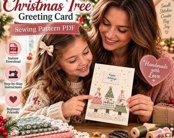 May include: A sewing pattern PDF for a quilted fabric Christmas tree greeting card. The card features three fabric trees with stars, a 'happy holidays' label, and a snowy base. Includes text: Quilted Fabric Christmas Tree Greeting Card.