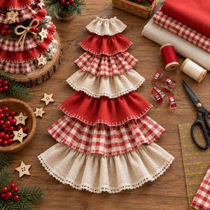 K&ouml;nnte beinhalten: Ein dekorativer Weihnachtsbaumschmuck aus geschichteten Stoffr&uuml;schen in einfarbigem Rot, rot-wei&szlig;em Vichy-Karo und naturfarbenem beigem Juteleinen. Die Lagen sind mit wei&szlig;em Garn vern&auml;ht und bilden eine gestufte, konische Form f&uuml;r die Dekoration.