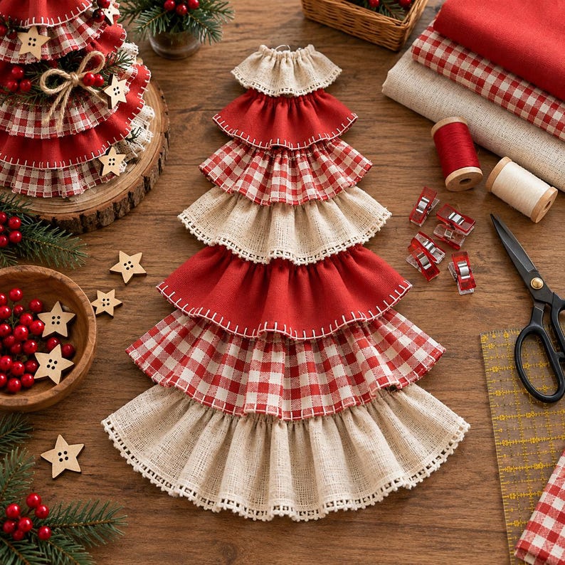 K&ouml;nnte beinhalten: Ein dekorativer Weihnachtsbaumschmuck aus geschichteten Stoffr&uuml;schen in einfarbigem Rot, rot-wei&szlig;em Vichy-Karo und naturfarbenem beigem Juteleinen. Die Lagen sind mit wei&szlig;em Garn vern&auml;ht und bilden eine gestufte, konische Form f&uuml;r die Dekoration.