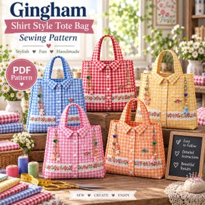 Gingham Shirt Style Tote Bag Sewing Pattern PDF | Button-Up Collared Tote Bag Pattern | Floral Gingham Market Tote | Beginner Sewing