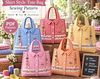 May include: Five tote bags in blue, red, yellow, pink, and orange gingham fabric, each designed to resemble a button-down shirt with a collar, front pocket, and floral lace trim. Each bag features decorative charms and a button-down front.