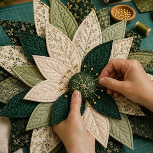 May include: A quilted fabric flower ornament featuring layered, pointed petals in shades of dark green, sage, and cream with intricate leaf-patterned prints. A central dark green circular fabric piece displays a gold embroidered snowflake design.