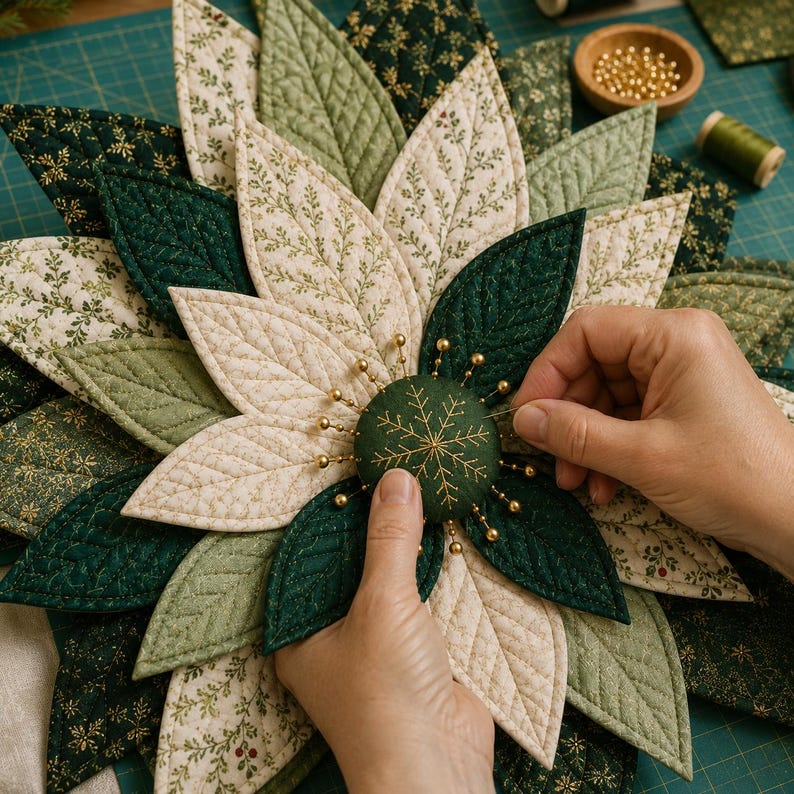 May include: A quilted fabric flower ornament featuring layered, pointed petals in shades of dark green, sage, and cream with intricate leaf-patterned prints. A central dark green circular fabric piece displays a gold embroidered snowflake design.