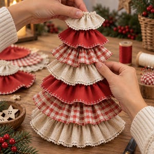 K&ouml;nnte beinhalten: Eine gestufte Weihnachtsbaumdekoration aus abwechselnden Lagen von ger&uuml;schtem Stoff in einfarbigem Rot, rot-wei&szlig;em Vichy-Karo und naturfarbenem Jute-Stoff, jeweils mit wei&szlig; abgesteppten Kanten und zarten Spitzenverzierungen versehen.