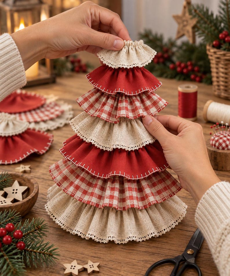 K&ouml;nnte beinhalten: Eine gestufte Weihnachtsbaumdekoration aus abwechselnden Lagen von ger&uuml;schtem Stoff in einfarbigem Rot, rot-wei&szlig;em Vichy-Karo und naturfarbenem Jute-Stoff, jeweils mit wei&szlig; abgesteppten Kanten und zarten Spitzenverzierungen versehen.