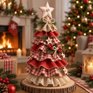 K&ouml;nnte beinhalten: Ein dekorativer Tisch-Weihnachtsbaum aus geschichteten Stoffr&uuml;schen in rot-wei&szlig;em Karomuster und einfarbigem Rot, verziert mit cremefarbener Spitzenborte, h&ouml;lzernen Sternausschnitten, kleinen Tannenzweigen und roten Beeren, gekr&ouml;nt von einem Stoffstern.