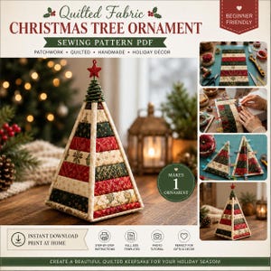 Pode incluir: Um molde de costura em PDF para um enfeite de árvore de Natal de tecido acolchoado, com uma árvore cónica de riscas horizontais vermelhas, verdes e creme com padrões de flocos de neve dourados, rematada por uma pequena estrela vermelha.