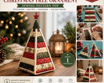 May include: A quilted fabric Christmas tree ornament sewing pattern PDF featuring a conical tree with horizontal stripes of red, green, and cream fabric with gold snowflake patterns, topped with a small red star and green coiled wire.
