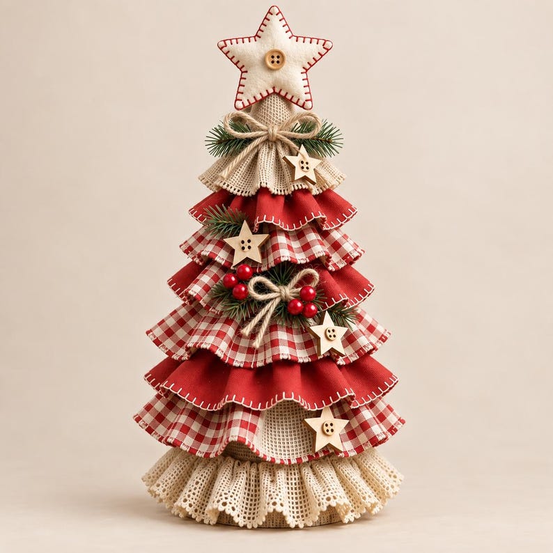 K&ouml;nnte beinhalten: Ein dekorativer Tisch-Weihnachtsbaum aus geschichteten Stoffr&uuml;schen in einfarbigem Rot und rot-wei&szlig;em Vichy-Karo. Der Baum ist mit einem Stoffstern gekr&ouml;nt und mit h&ouml;lzernen Sternausschnitten, kleinen Tannenzweigen und roten Beeren verziert.