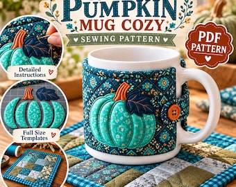 May include: A white ceramic mug featuring a quilted fabric cozy with a teal pumpkin applique, orange button closure, and floral pattern. The image includes text reading Quilted Pumpkin Mug Cozy Sewing Pattern and PDF Pattern.