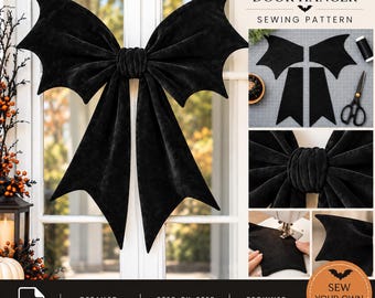 May include: A black velvet bat wing bow door hanger sewing pattern. The image displays the finished bow, fabric cutouts, scissors, thread, and sewing process steps. Text includes BAT WING BOW DOOR HANGER SEWING PATTERN, PDF, and SEW YOUR OWN.