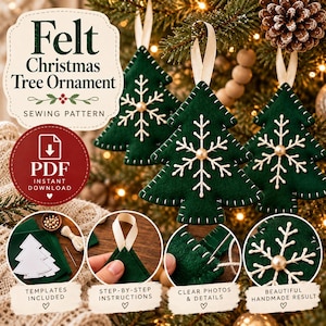 May include: A PDF sewing pattern for a felt Christmas tree ornament. The design features a dark green felt tree with white embroidered snowflake details, a cream-colored ribbon loop, and a central pearl bead. Includes templates and instructions.