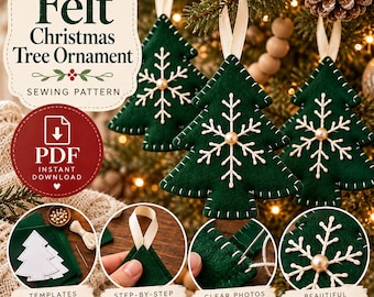 May include: A PDF sewing pattern for a felt Christmas tree ornament. The design features a dark green felt tree with white embroidered snowflake details, a cream-colored ribbon loop, and a central pearl bead. Includes templates and instructions.