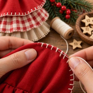 K&ouml;nnte beinhalten: Ein rotes Stoffst&uuml;ck wird mit einer silbernen Nadel und hellem Garn von Hand gen&auml;ht. Die Kante ist mit einem Schlingstich versehen. Im Hintergrund befinden sich ein gestufter rot-wei&szlig; karierter Stoffbaum, eine Holzspule und sternf&ouml;rmige Holzkn&ouml;pfe.