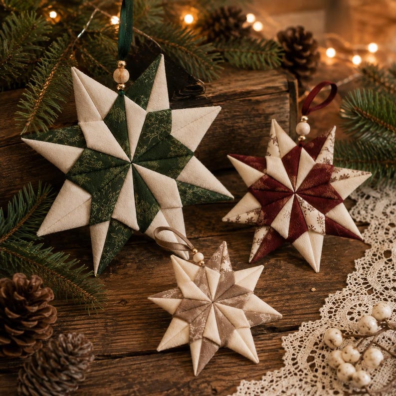 May include: Three fabric star ornaments featuring a geometric folded design. One large star is dark green and cream, a medium star is deep red and cream, and a small star is taupe and cream. Each star has a ribbon loop and a wooden bead at the top.