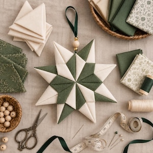 May include: A quilted fabric star ornament featuring alternating cream and dark green triangular panels. The star hangs from a dark green ribbon loop with a gold bead accent. Surrounding items include fabric scraps, wooden beads, scissors, and a tape measure.