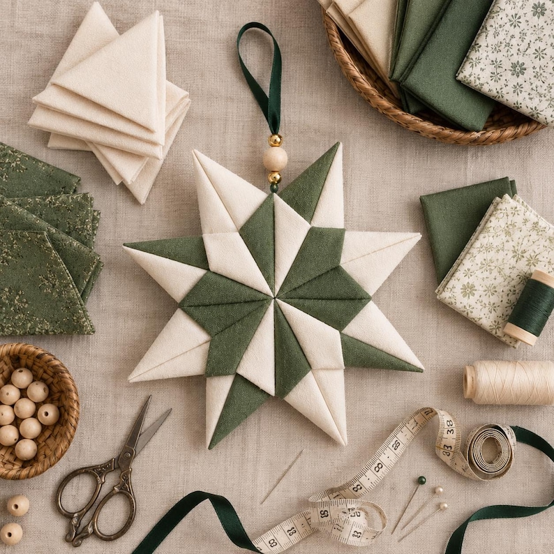 May include: A quilted fabric star ornament featuring alternating cream and dark green triangular panels. The star hangs from a dark green ribbon loop with a gold bead accent. Surrounding items include fabric scraps, wooden beads, scissors, and a tape measure.