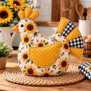 Sunflower Quilted Fabric Chicken Sewing Pattern PDF, Farmhouse Kitchen Hen Décor